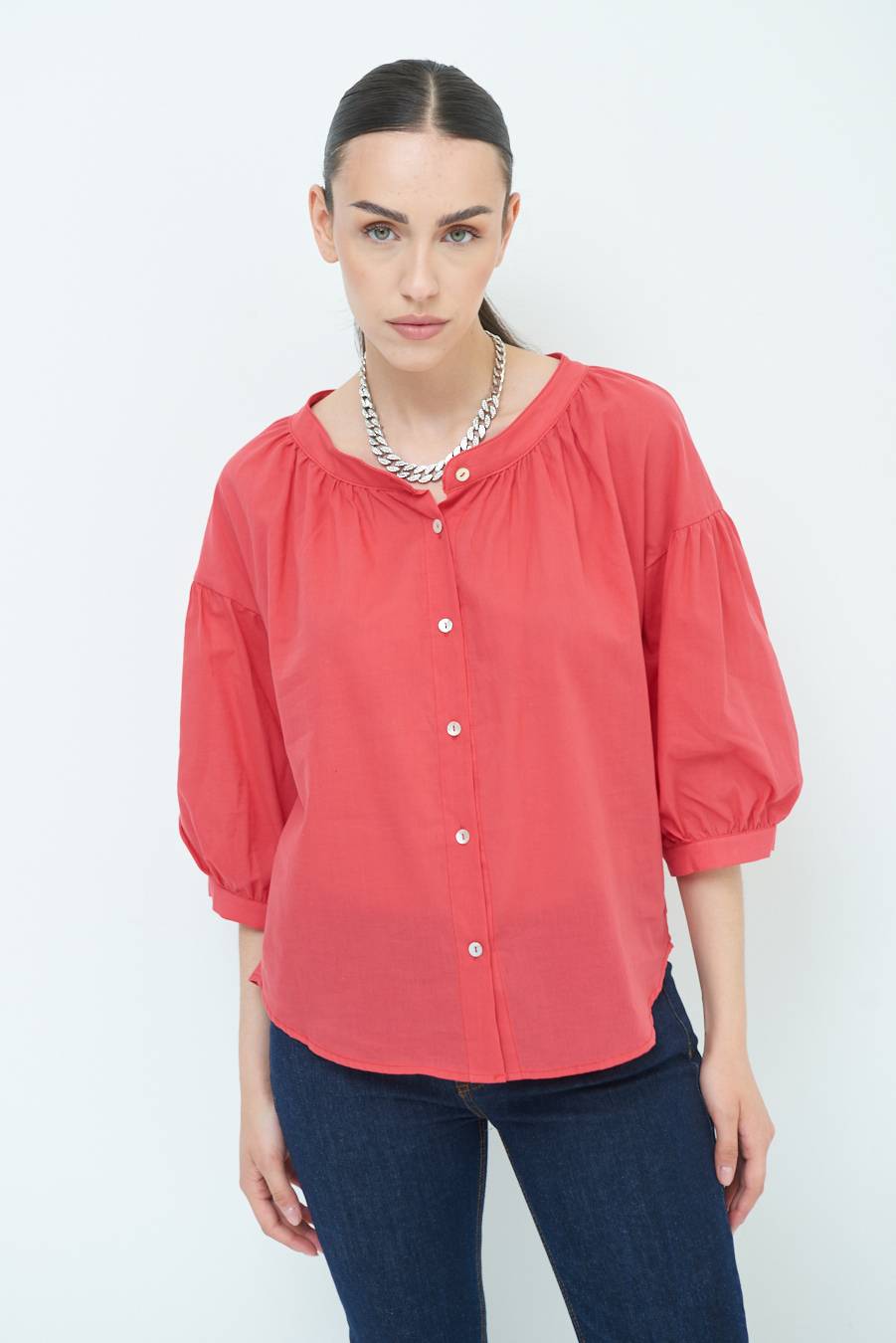 Kikisix CAMICIA SCOLLO INCRESPATO COTONE ROSSO Nuovo