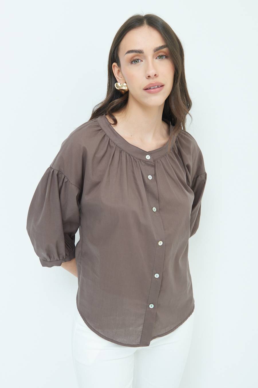 Kikisix CAMICIA SCOLLO INCRESPATO COTONE COFFEE Qualità