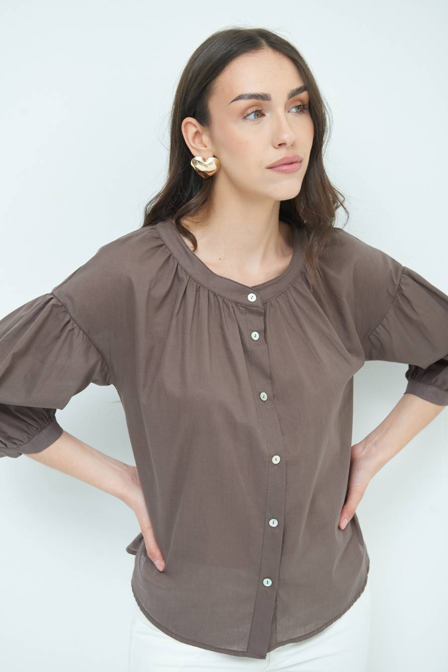Kikisix CAMICIA SCOLLO INCRESPATO COTONE COFFEE Qualità