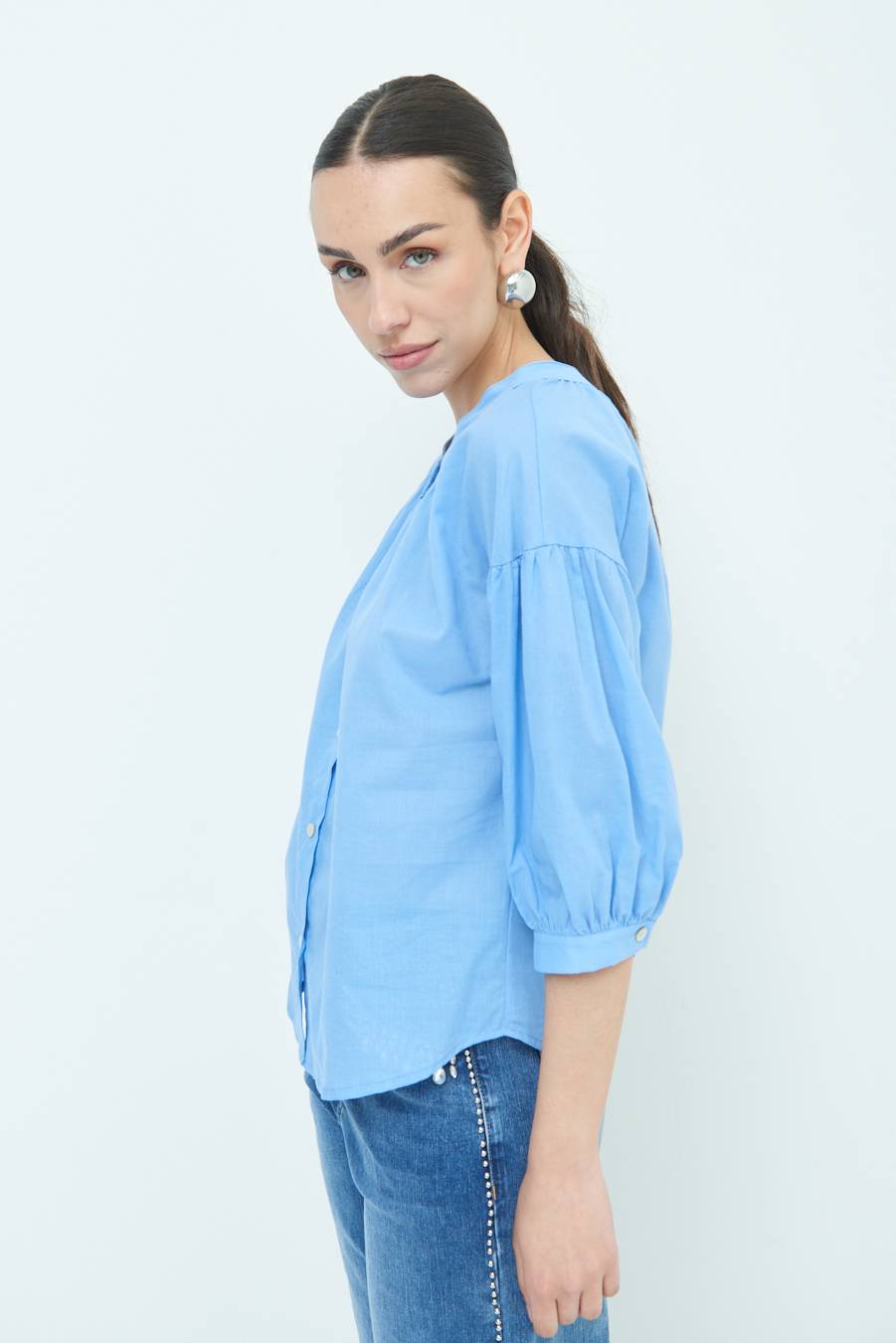 Kikisix CAMICIA SCOLLO INCRESPATO COTONE CELESTE Vendita
