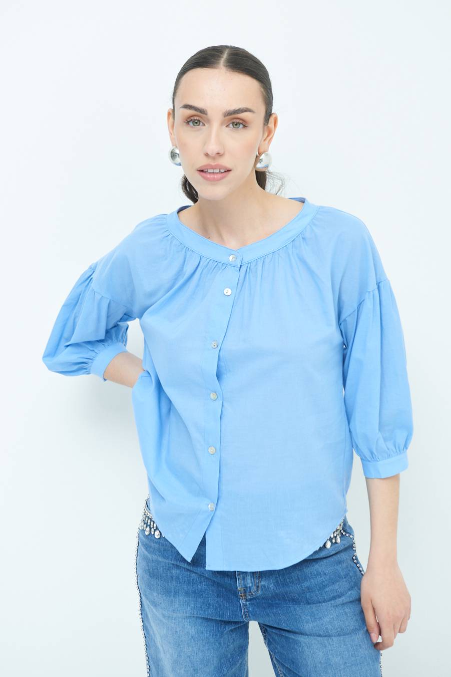 Kikisix CAMICIA SCOLLO INCRESPATO COTONE CELESTE Vendita