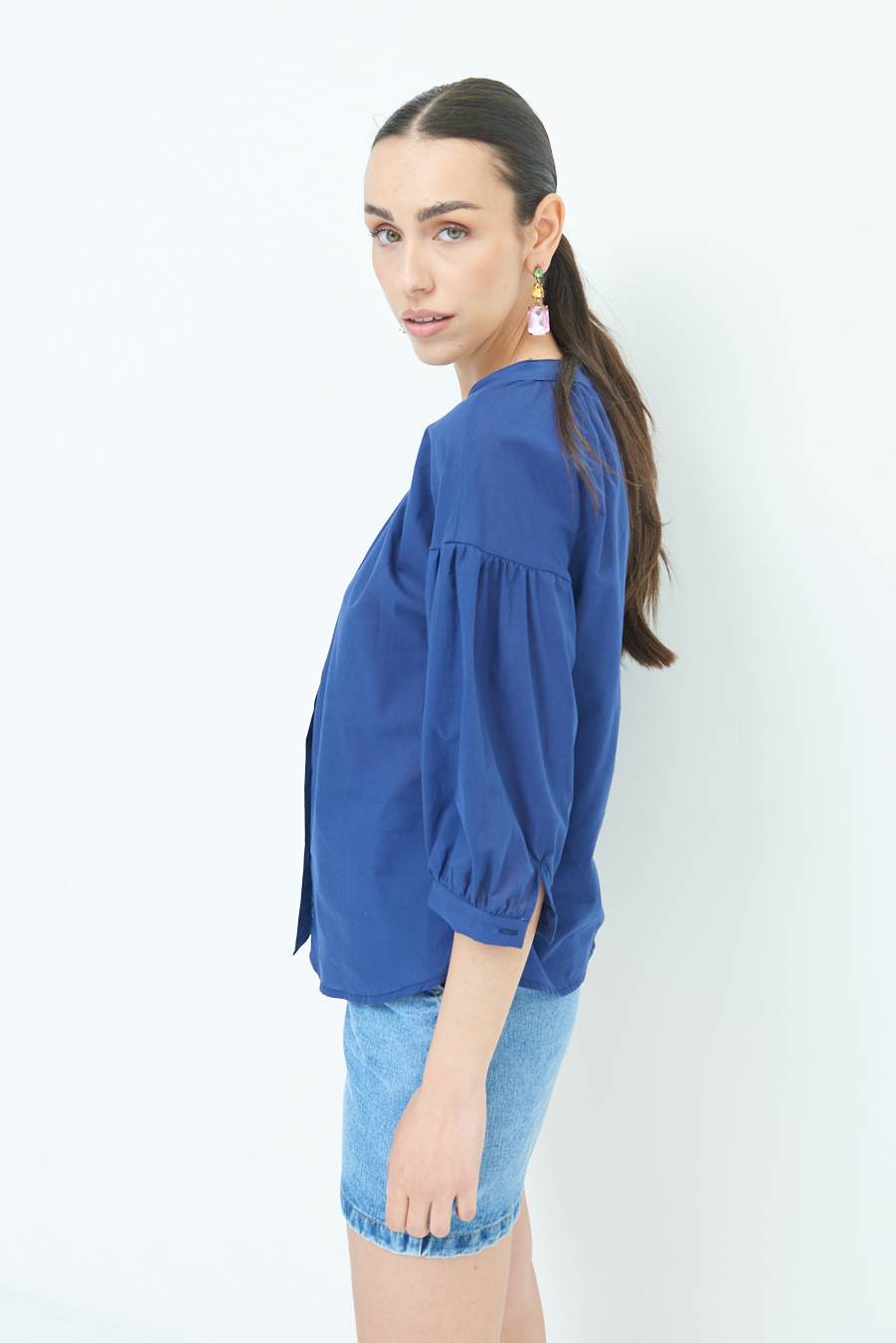 Kikisix CAMICIA SCOLLO INCRESPATO COTONE BLU Promozione