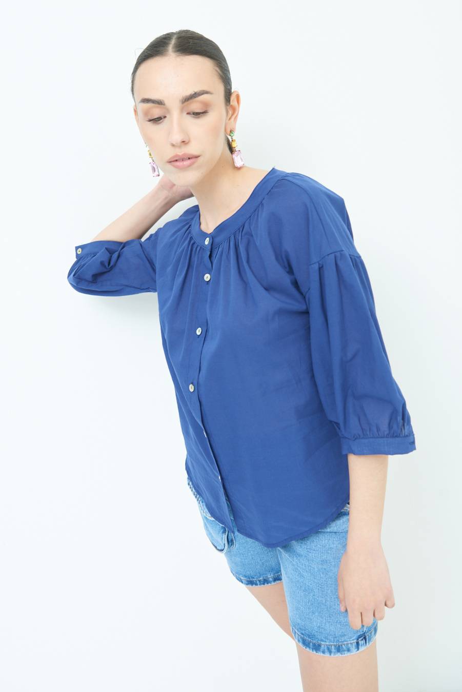 Kikisix CAMICIA SCOLLO INCRESPATO COTONE BLU Promozione