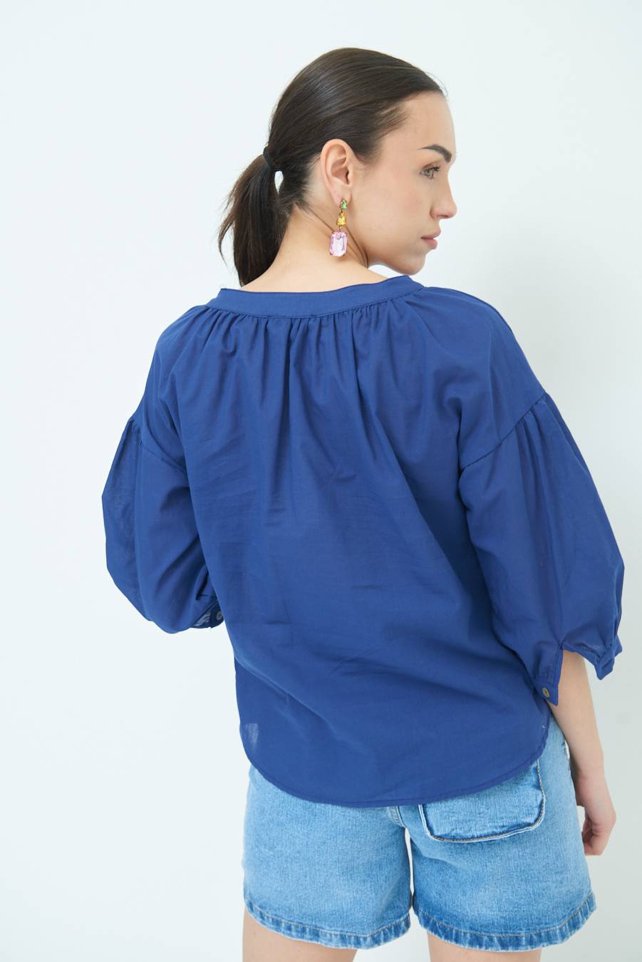 Kikisix CAMICIA SCOLLO INCRESPATO COTONE BLU Promozione