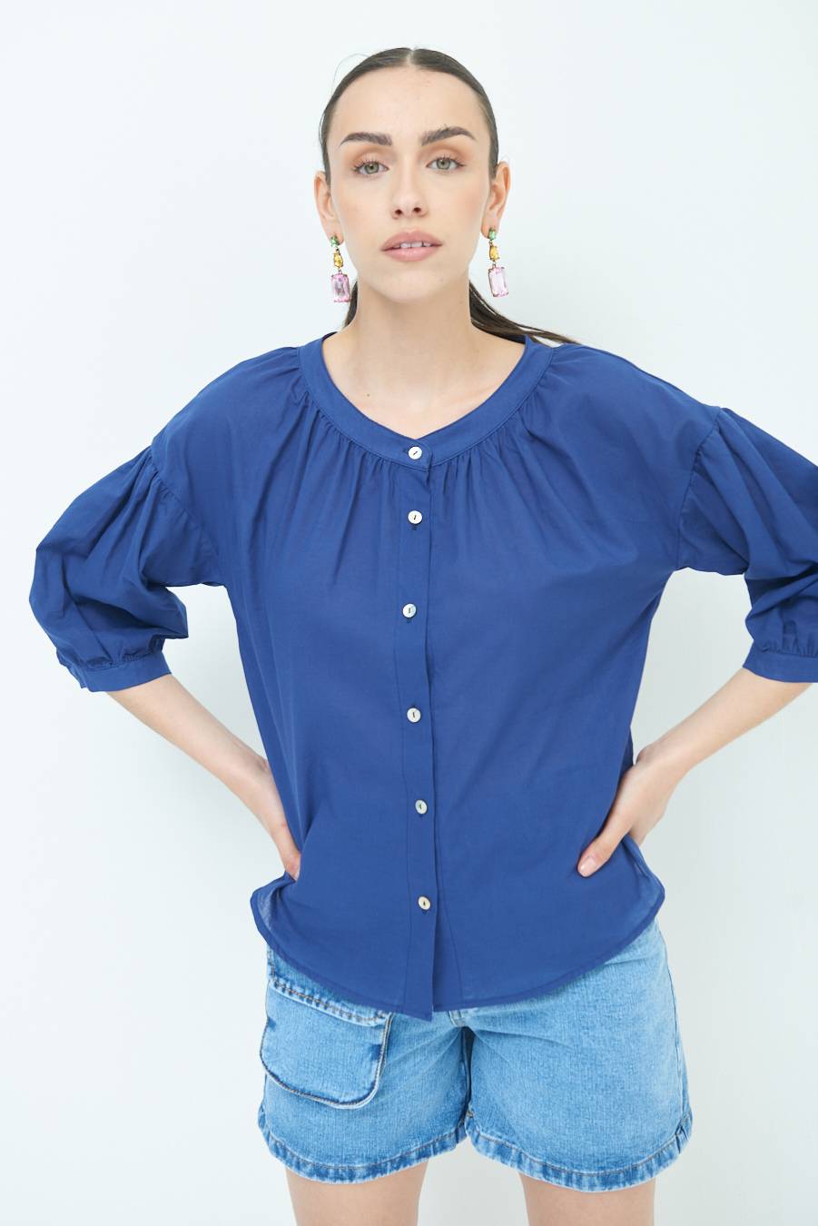 Kikisix CAMICIA SCOLLO INCRESPATO COTONE BLU Promozione
