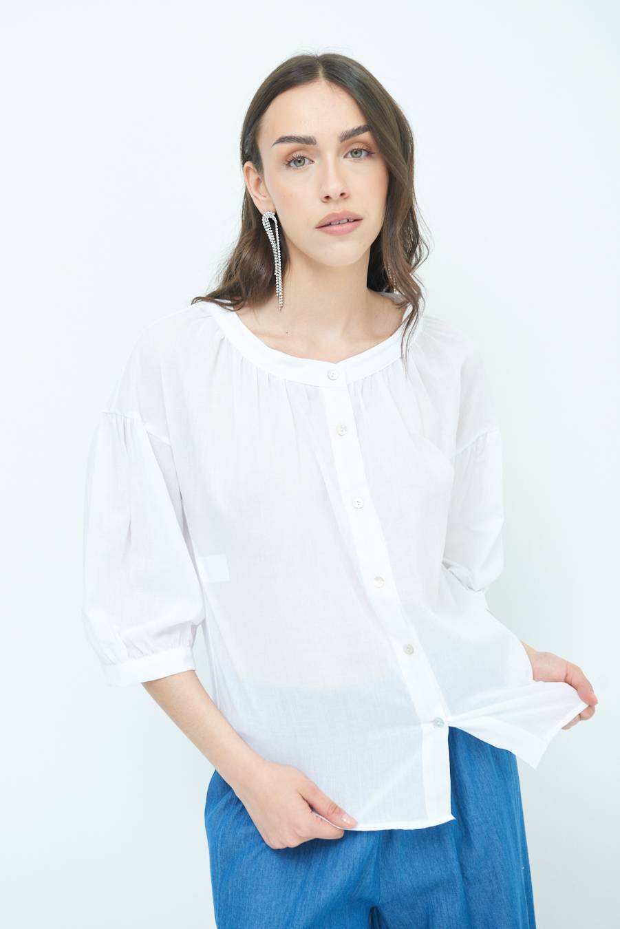Kikisix CAMICIA SCOLLO INCRESPATO COTONE BIANCO Spedizione Gratuita