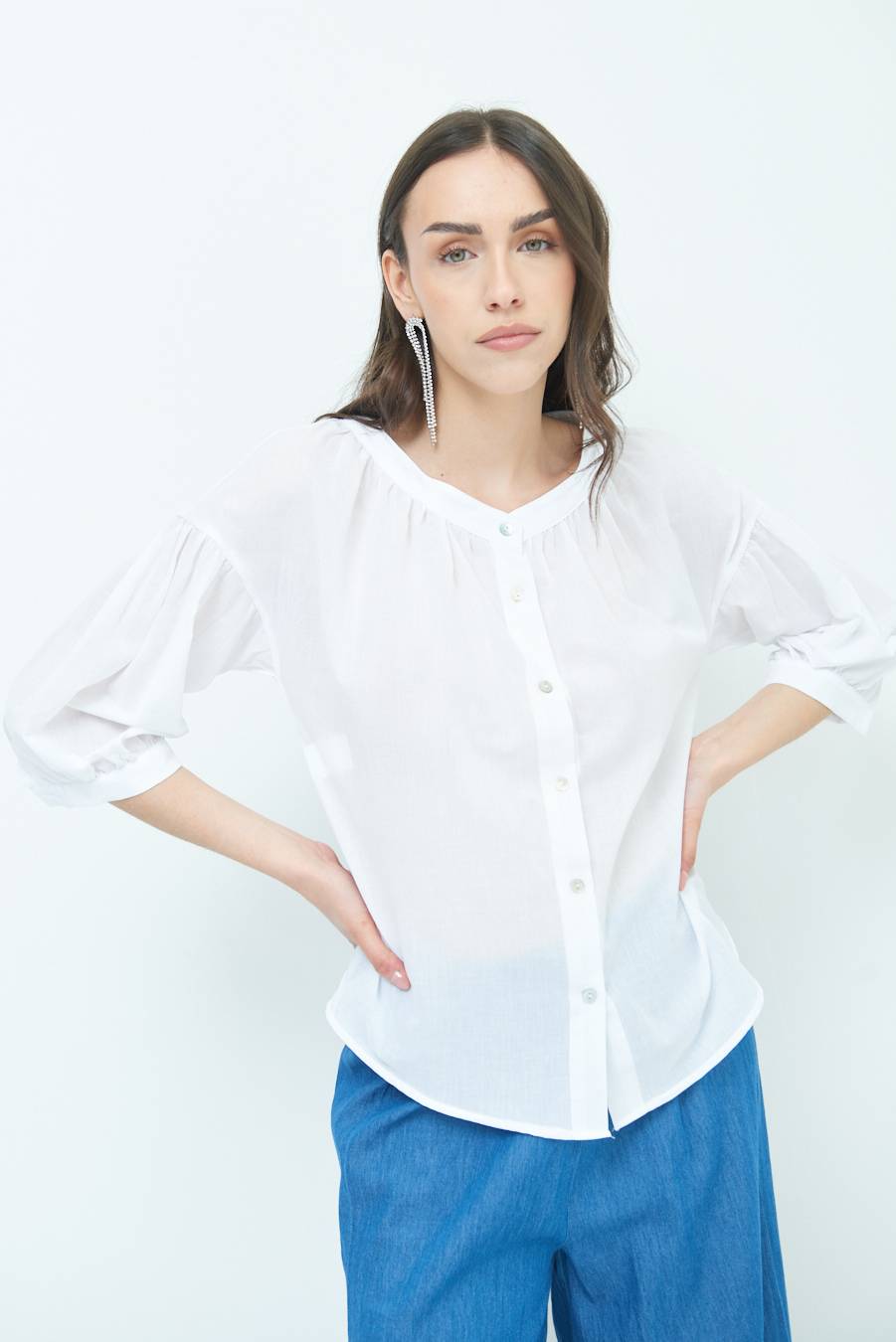 Kikisix CAMICIA SCOLLO INCRESPATO COTONE BIANCO Spedizione Gratuita