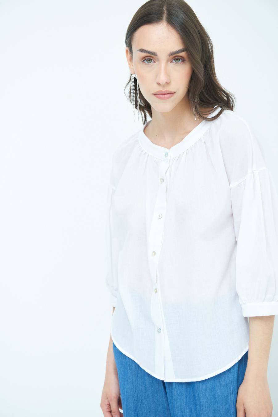 Kikisix CAMICIA SCOLLO INCRESPATO COTONE BIANCO Spedizione Gratuita