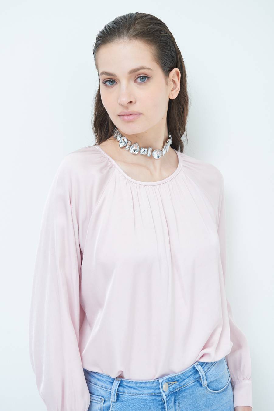 Kikisix CASACCA RASO VISCOSA INCRESPATA COLLO ROSA In Linea