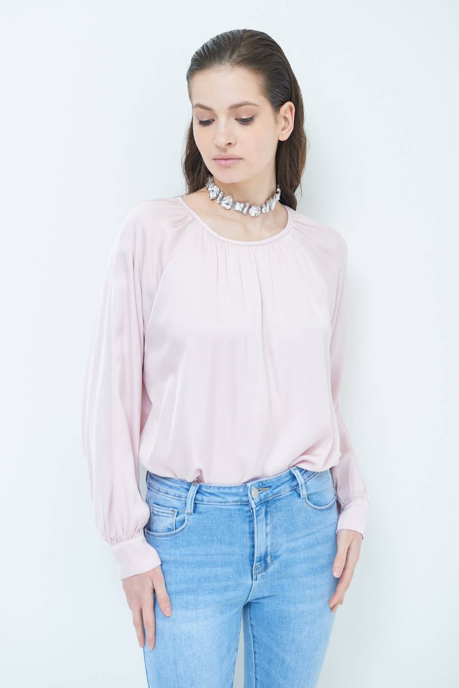 Kikisix CASACCA RASO VISCOSA INCRESPATA COLLO ROSA In Linea