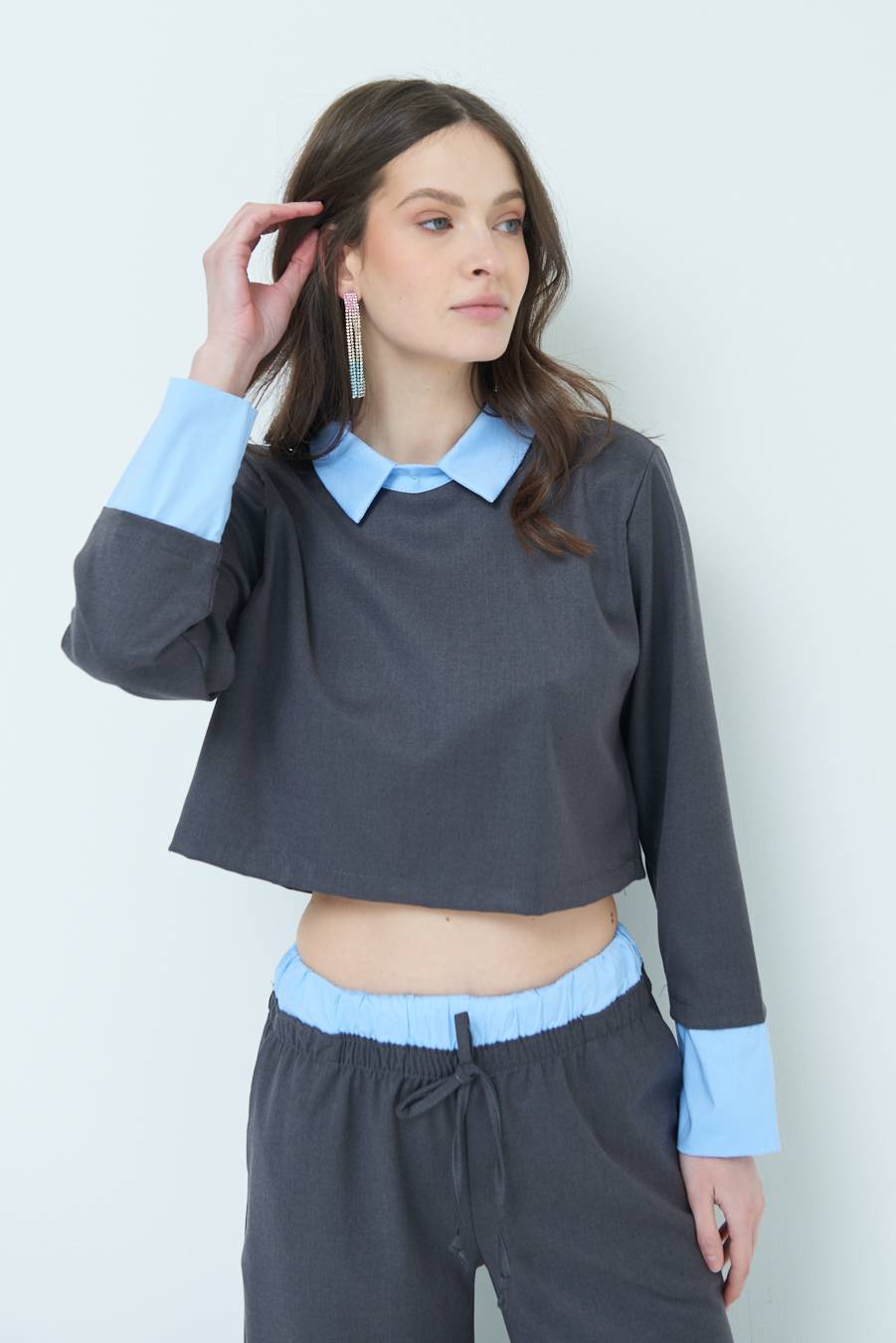 Kikisix CASACCA FINTA CAMICIA CELESTE/GRIGIO Spedizione Gratuita