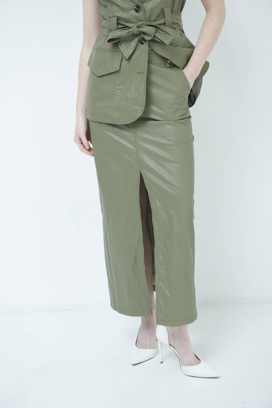Kikisix GONNA ECOPELLE STROPICCIATA VERDE MILITARE In Saldo