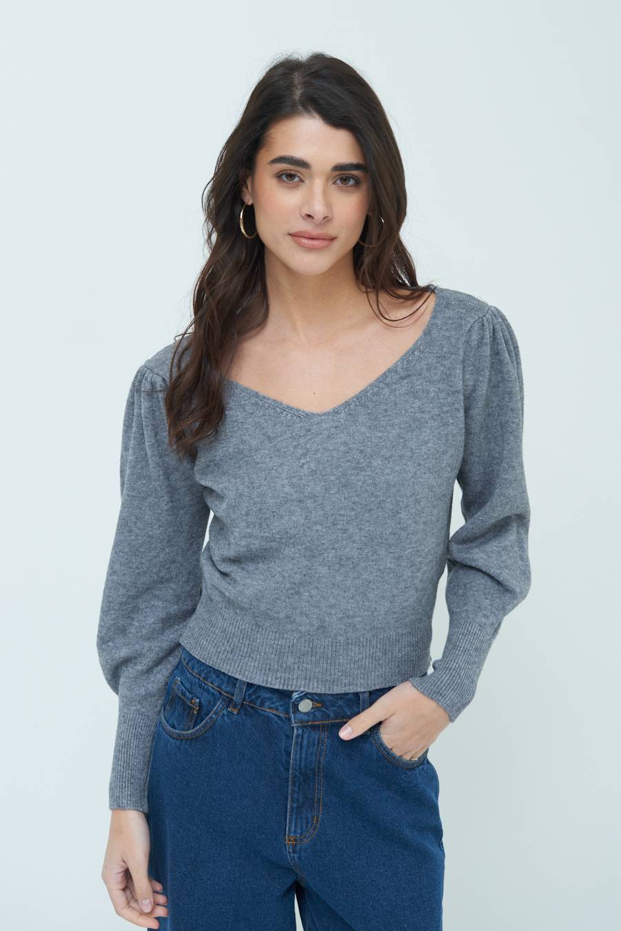 Kikisix MAGLIA SCOLLO V CON MANICA INCRESPATA GRIGIO Vendita