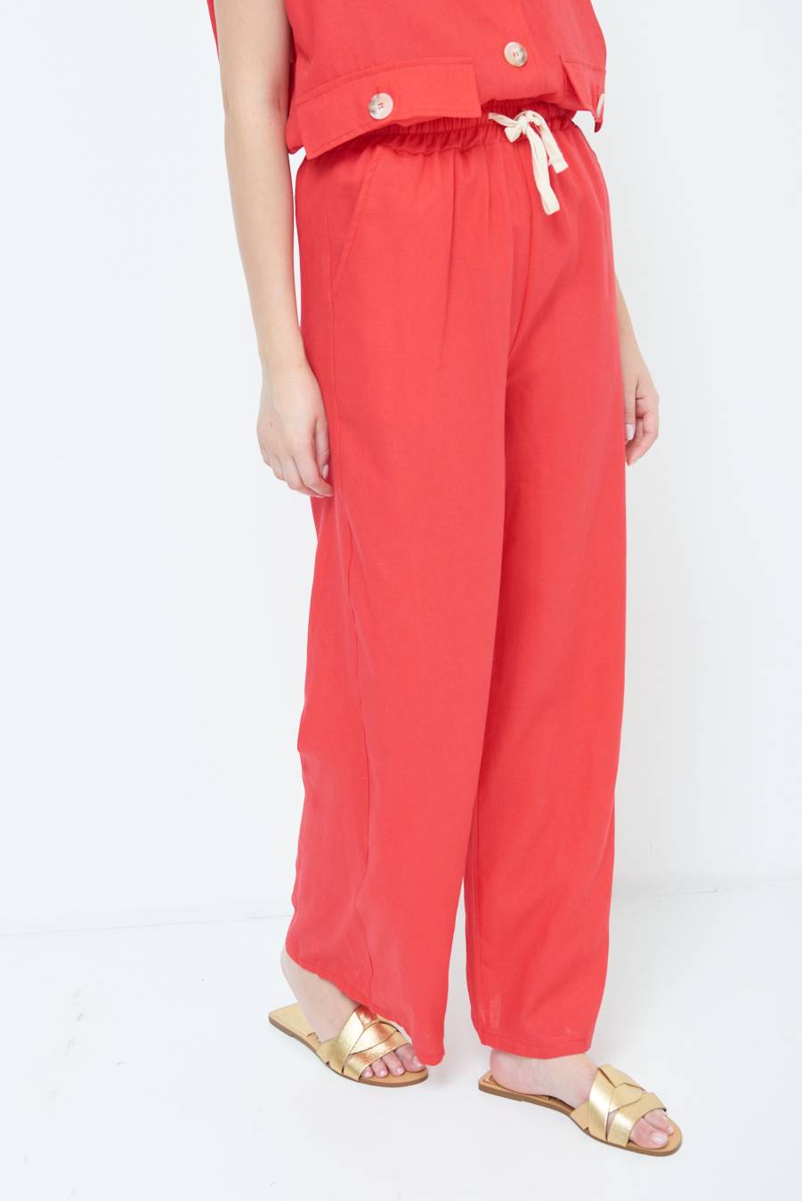 Kikisix PANTA PALAZZO CON ELASTICO VISCOSA LINO ROSSO Qualità Garantita