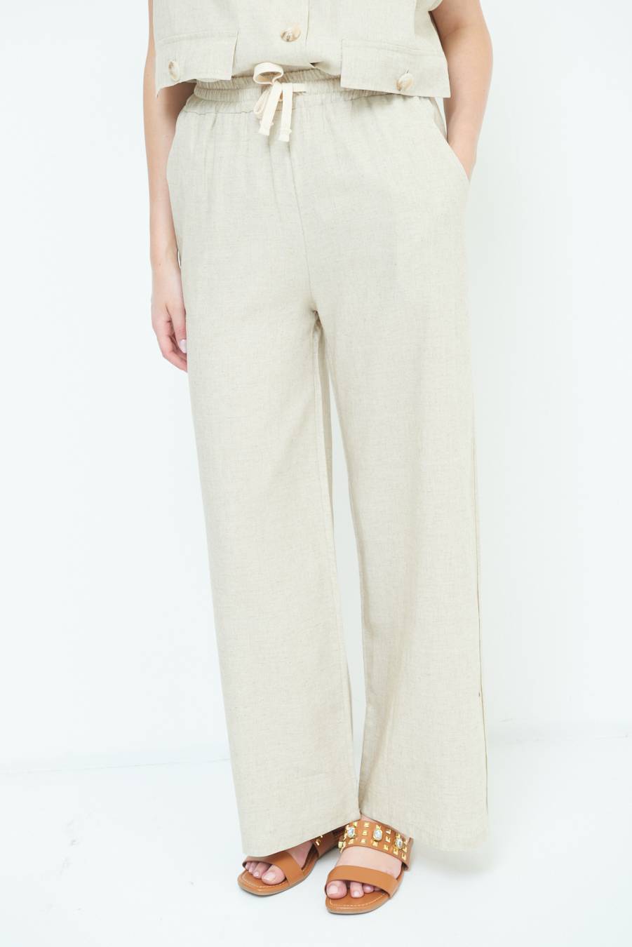 Kikisix PANTA PALAZZO CON ELASTICO VISCOSA LINO NATURALE Negozi Online