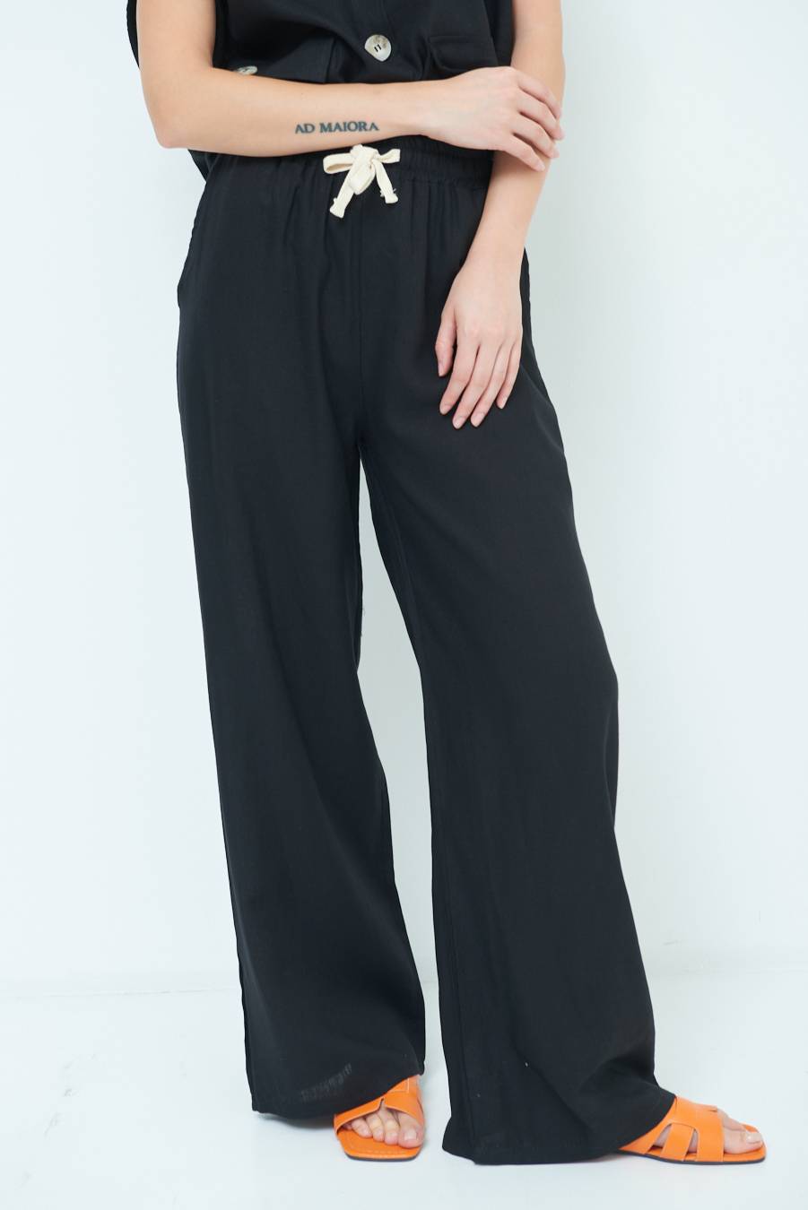Kikisix PANTA PALAZZO CON ELASTICO VISCOSA LINO NERO Acquista Ora