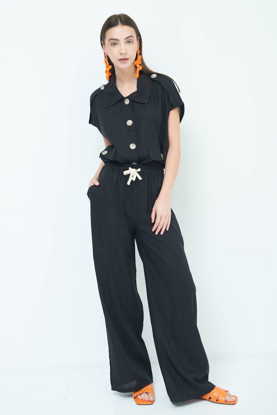 Kikisix PANTA PALAZZO CON ELASTICO VISCOSA LINO NERO Acquista Ora