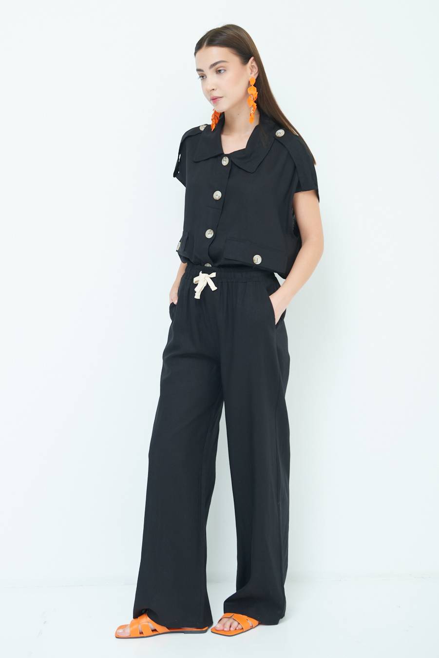 Kikisix PANTA PALAZZO CON ELASTICO VISCOSA LINO NERO Acquista Ora