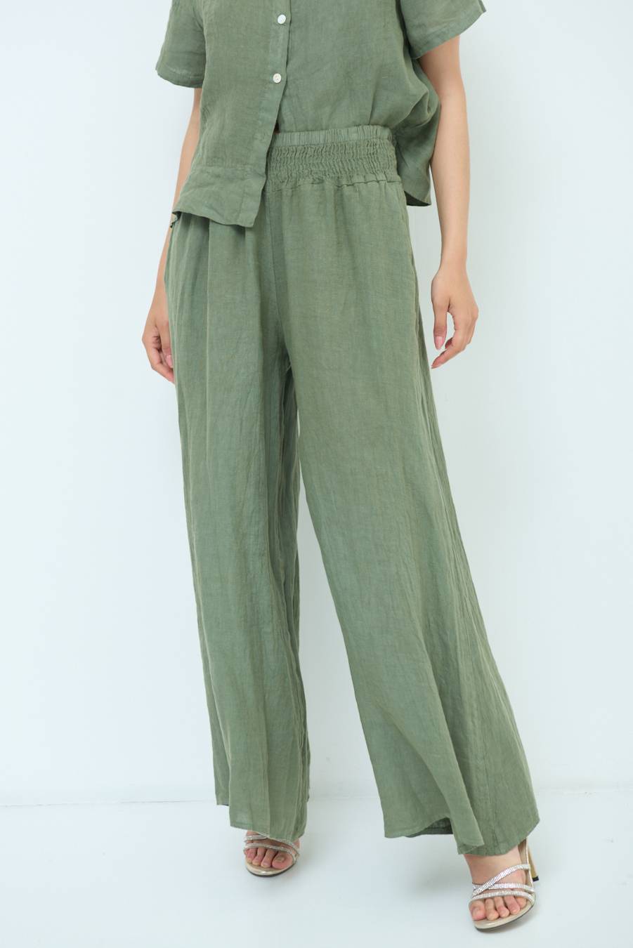 Kikisix PANTA PALAZZO LINO CON ELASTICI VERDE MILITARE Affare Del Giorno