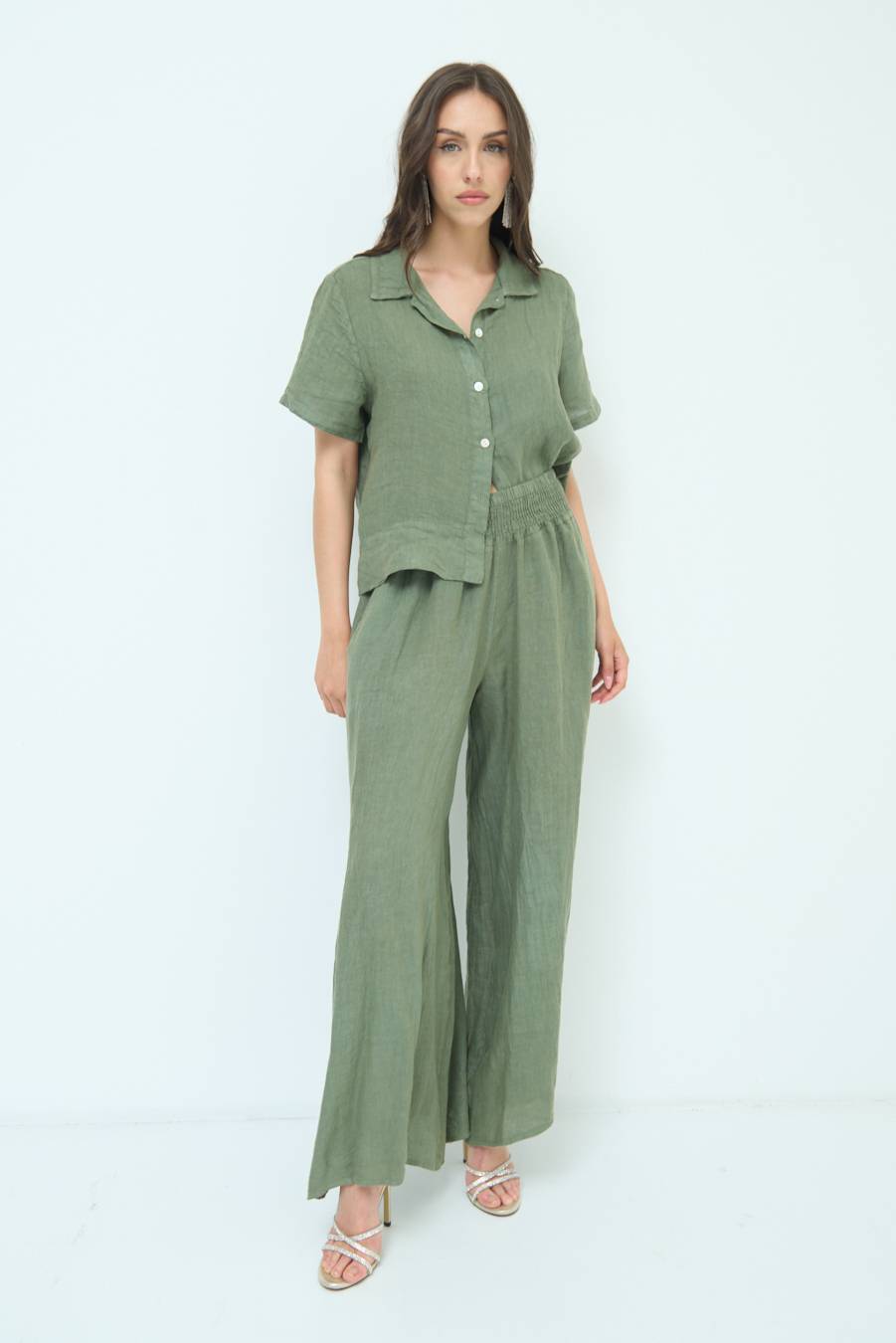 Kikisix PANTA PALAZZO LINO CON ELASTICI VERDE MILITARE Affare Del Giorno