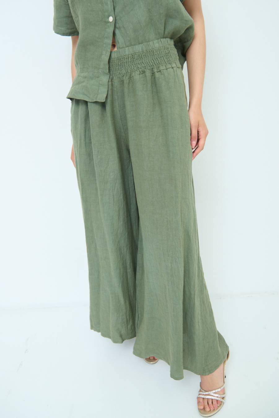 Kikisix PANTA PALAZZO LINO CON ELASTICI VERDE MILITARE Affare Del Giorno