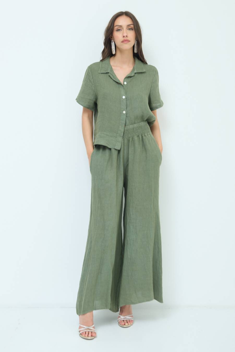 Kikisix PANTA PALAZZO LINO CON ELASTICI VERDE MILITARE Affare Del Giorno