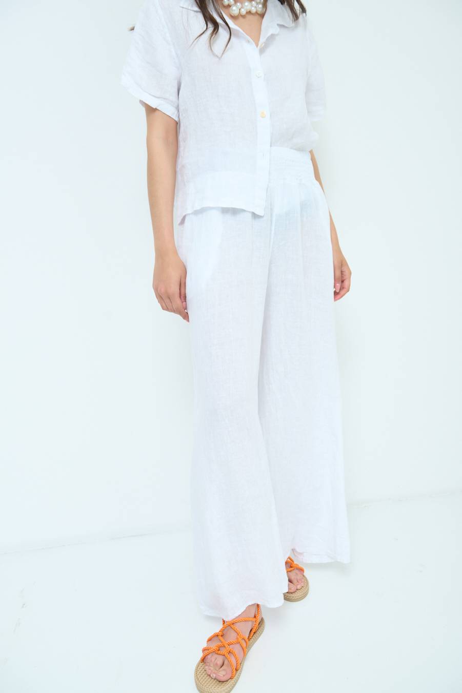 Kikisix PANTA PALAZZO LINO CON ELASTICI BIANCO Prezzo Ridotto