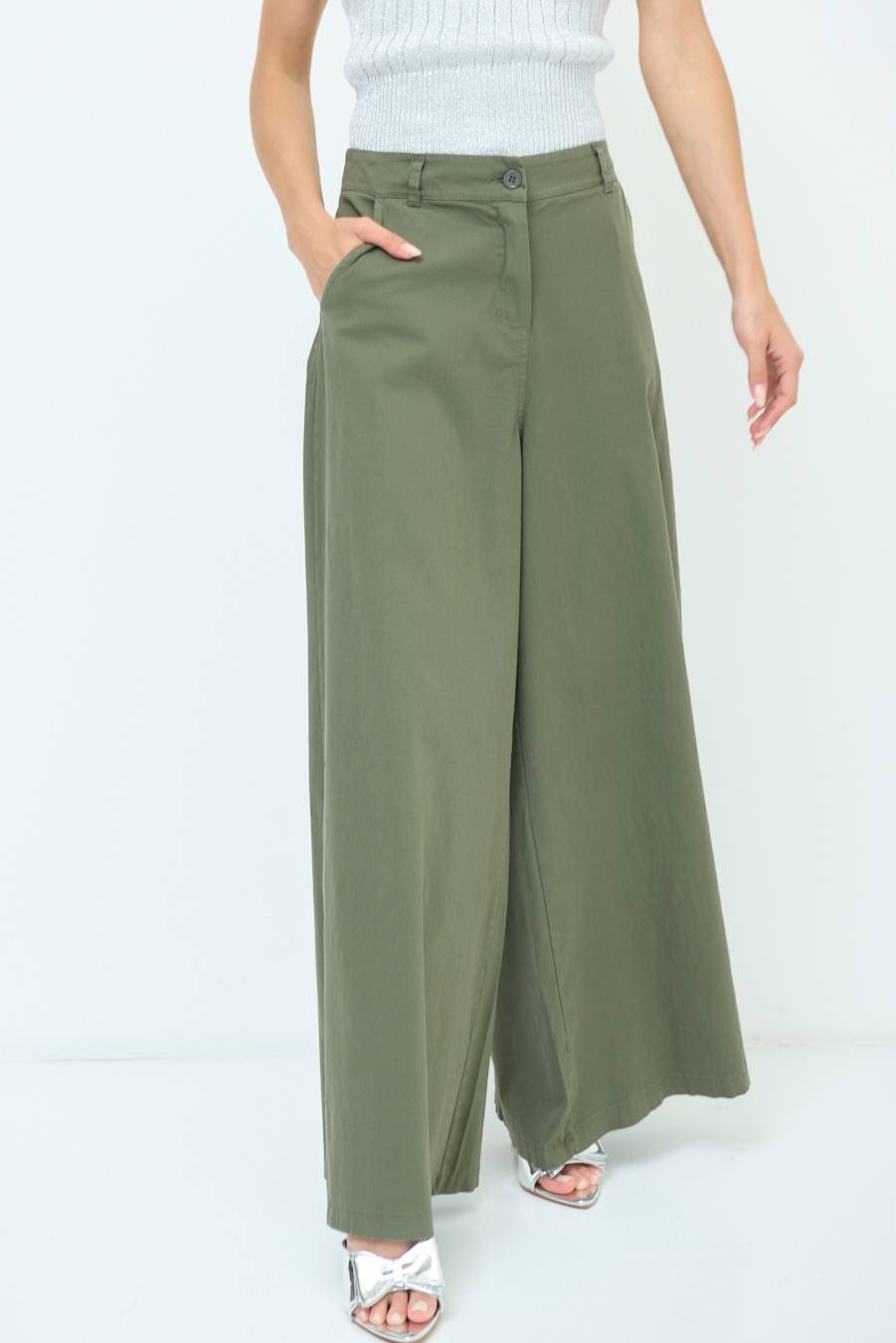 Kikisix PANTALONE PALAZZO COTONE VERDE MILITARE Novità