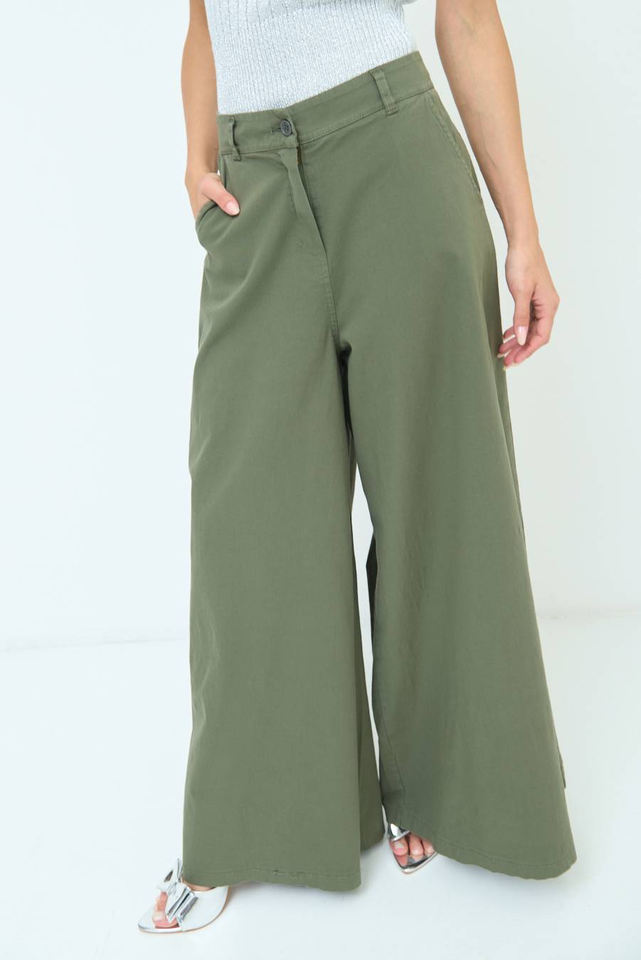 Kikisix PANTALONE PALAZZO COTONE VERDE MILITARE Novità