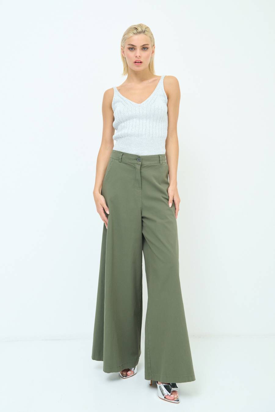 Kikisix PANTALONE PALAZZO COTONE VERDE MILITARE Novità
