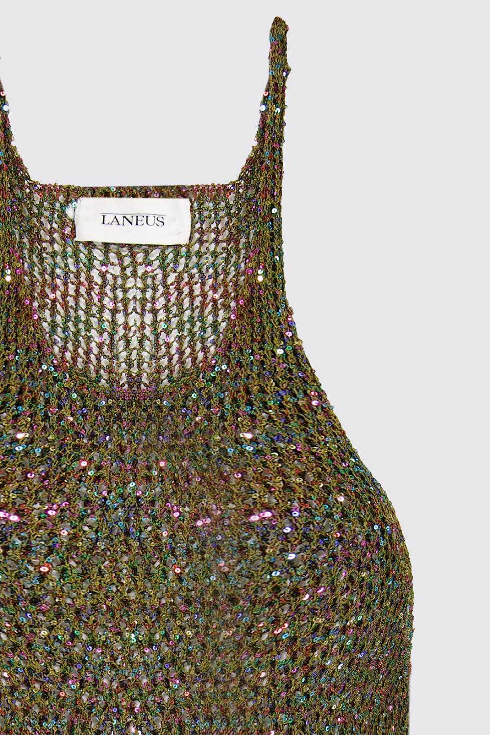 Laneus Lanues canotta in mesh military green con mini paillettes multicolor Pezzi Unici