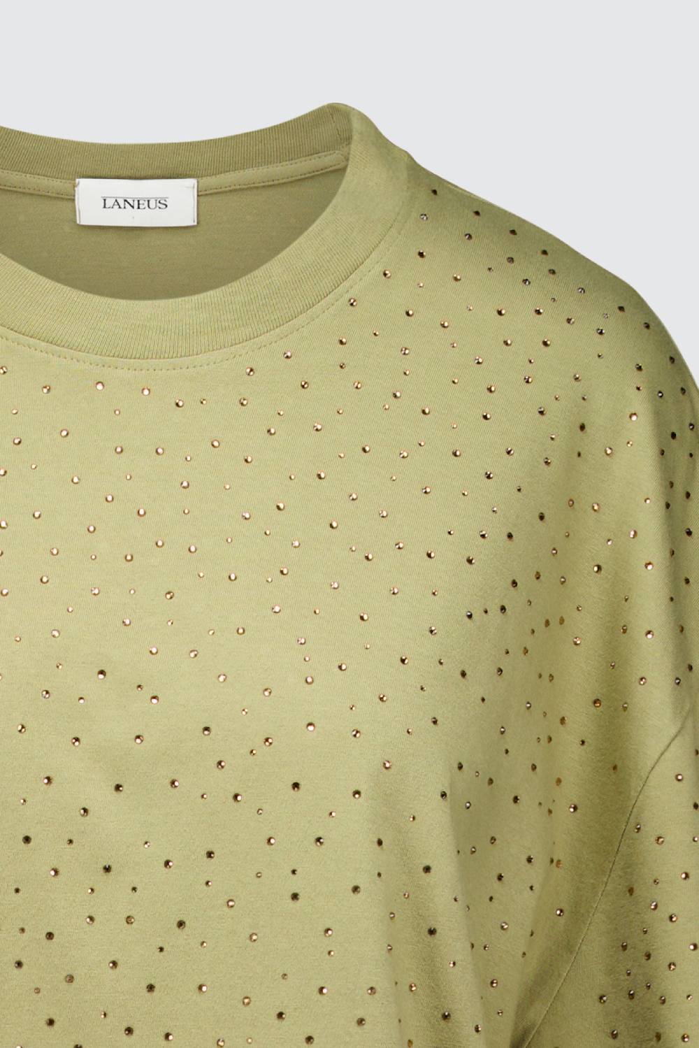 Laneus Laneus mini abito drappeggiato khaki con strass Nuovo
