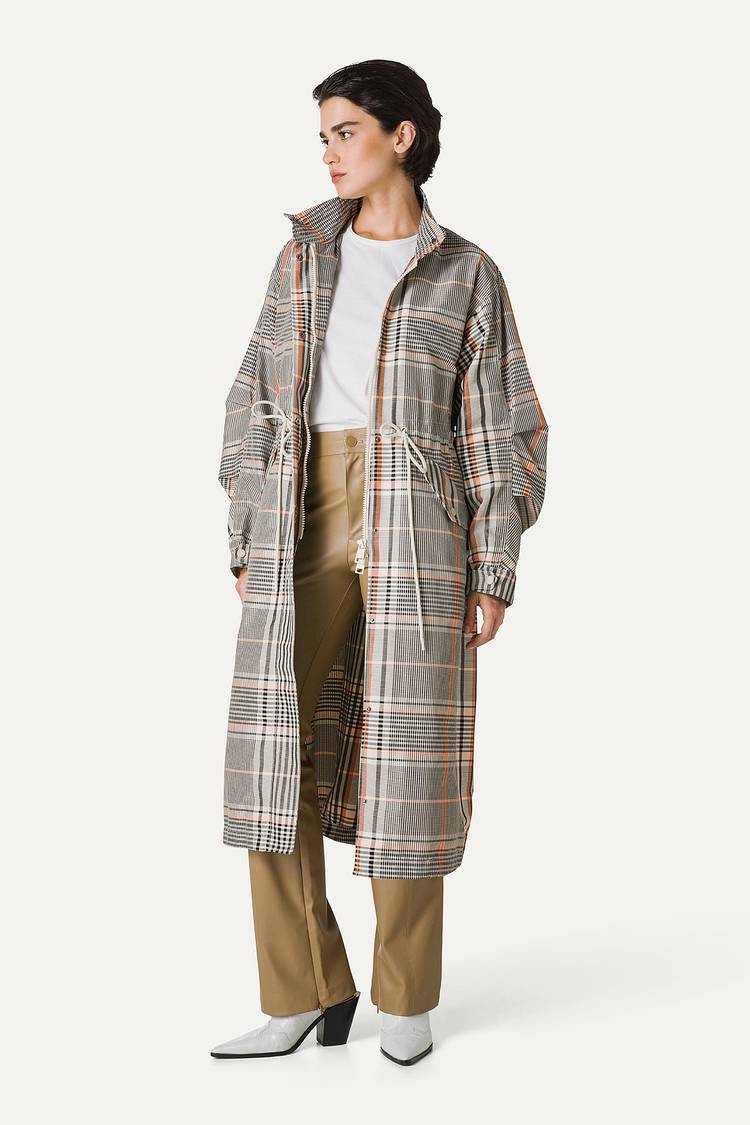 Oof Wear PARKA LUNGO OVER IN NYLON MEMORY CON DISEGNO CHECK 9211 - ARANCIO/CREMA Spedizione Gratuita
