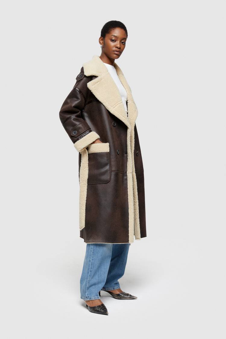 Oof Wear CAPPOTTO LUNGO REVERSIBILE 9263 IN ECO-MONTONE - MARRONE/CREMA Saldi Di Fabbrica