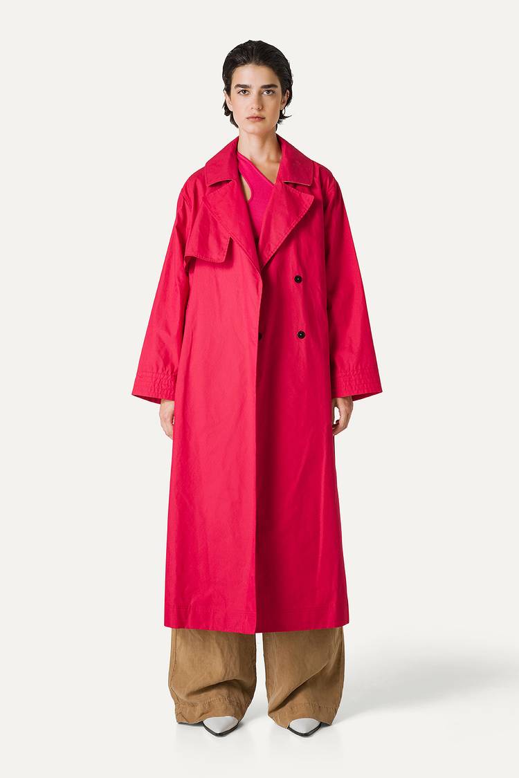 Oof Wear TRENCH LUNGO IN GABARDINA DI COTONE LEGGERO 9203 - LAMPONE Nuova