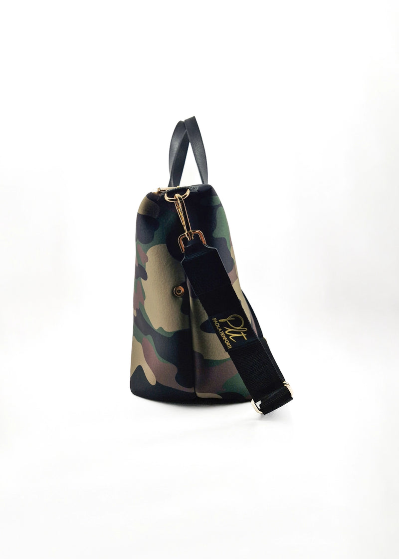 Paola T. Bauletto medium in neoprene camouflage con dettagli oro Shopping Online