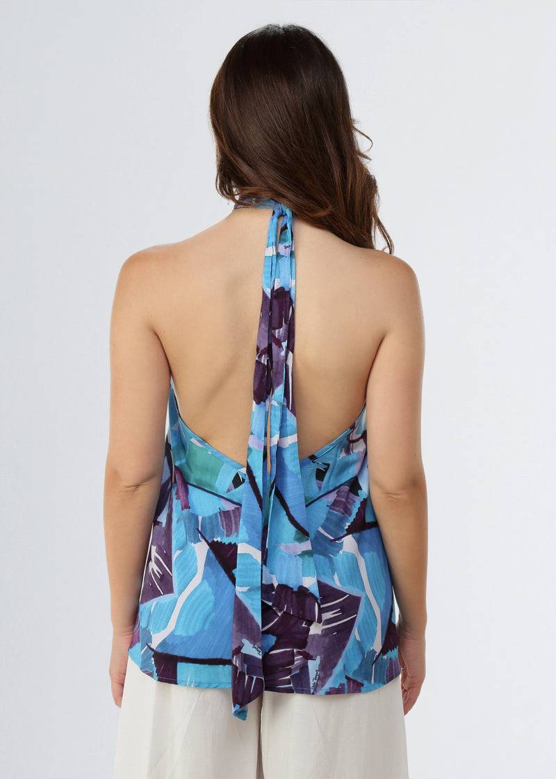 Paola T. Blusa in viscosa stampa Palm Blue Nuovo