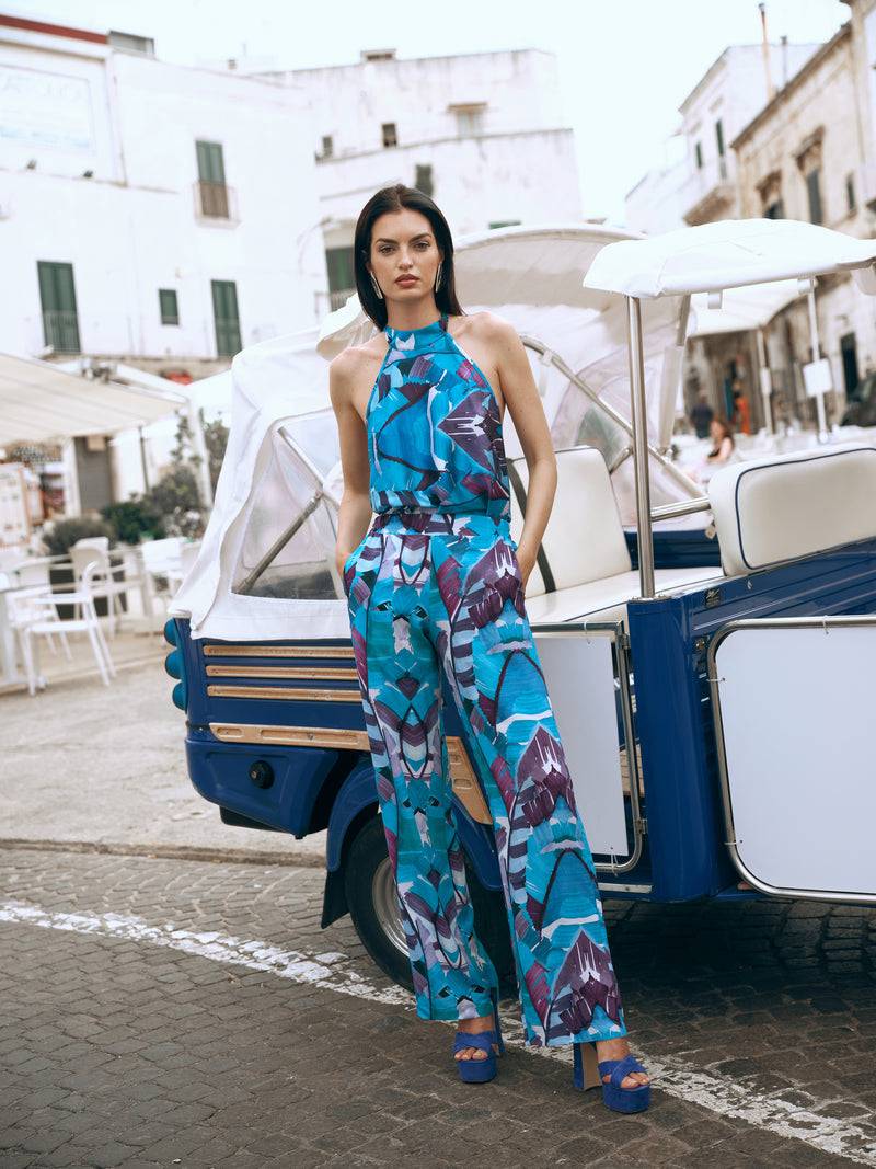 Paola T. Blusa in viscosa stampa Palm Blue Nuovo