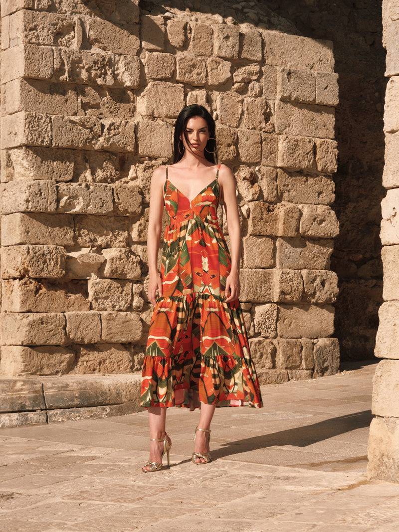 Paola T. Abito lungo in viscosa stampa Palm Fino Al -60%