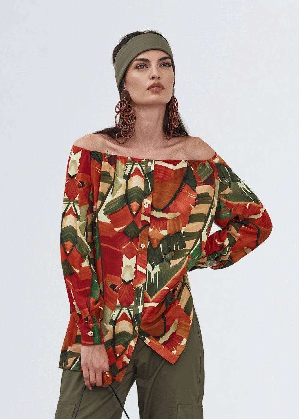 Paola T. Camicia in viscosa stampa Palm Orange Affare Del Giorno