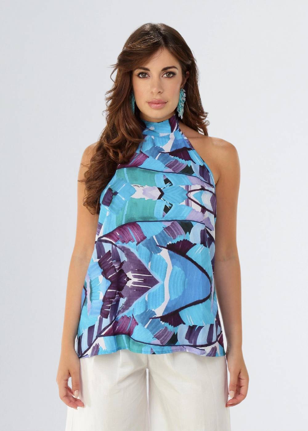 Paola T. Blusa in viscosa stampa Palm Blue Online
