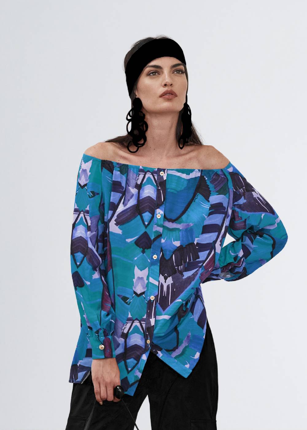 Paola T. Camicia in viscosa stampa Palm Blue Outlet