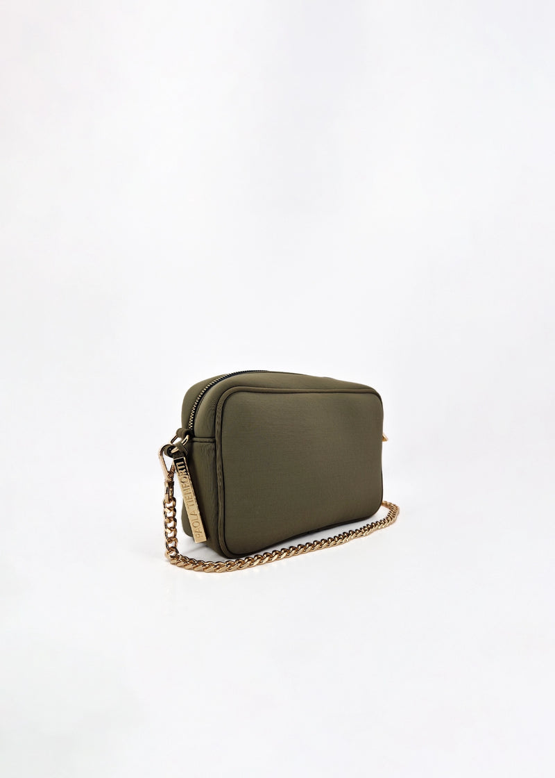 Paola T. Borsa a tracolla in neoprene con dettagli oro 2025