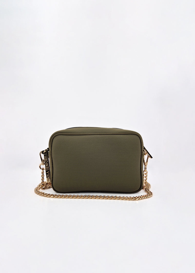 Paola T. Borsa a tracolla in neoprene con dettagli oro 2025