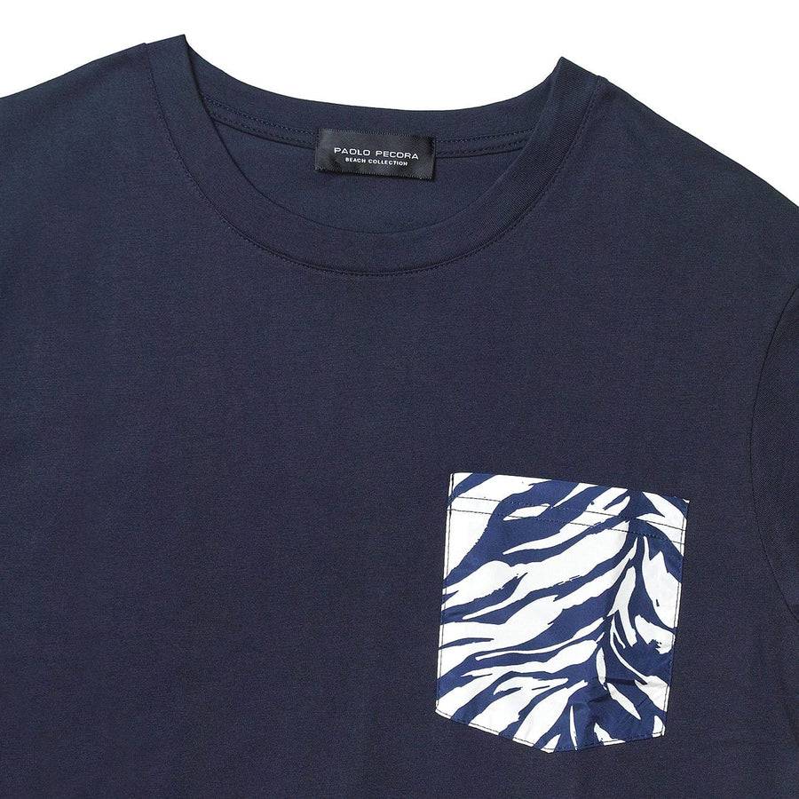 Paolo Pecora T-Shirt Blue Navy con Taschino Fantasia Foglia Qualità