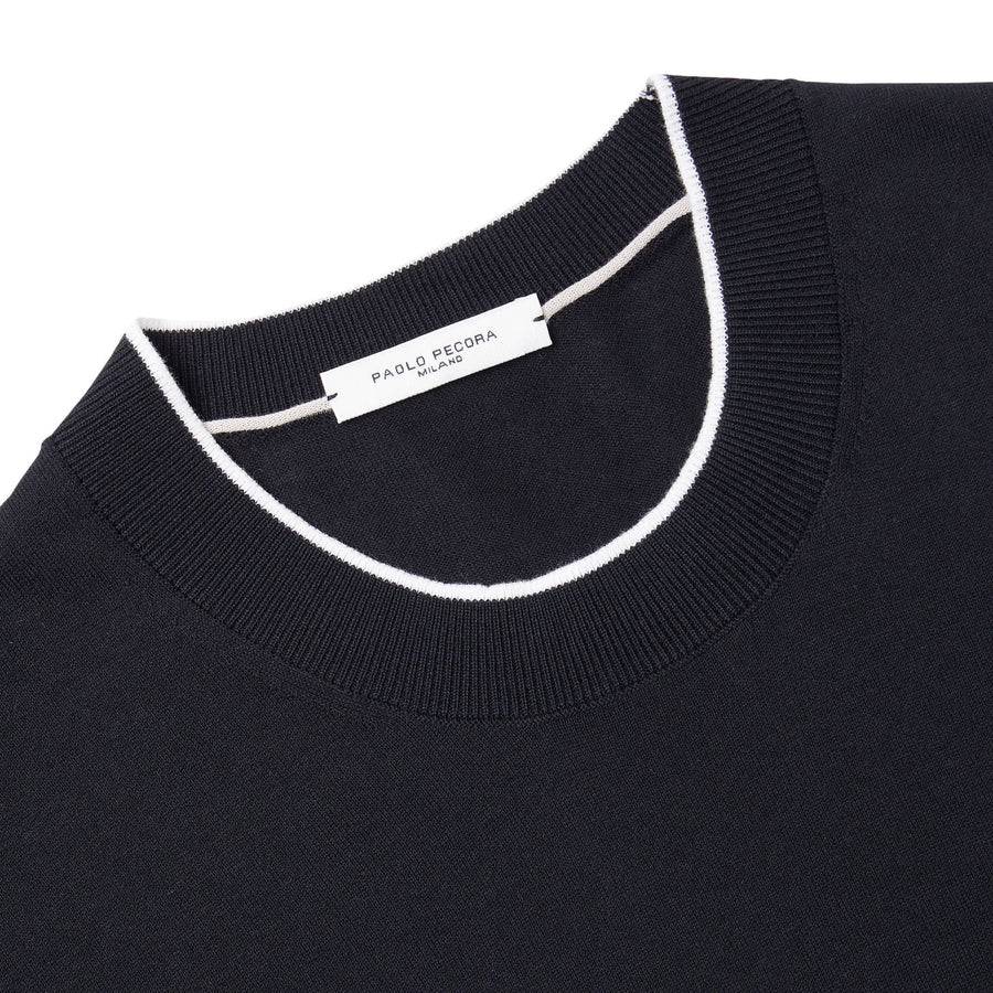 Paolo Pecora Maglia Girocollo in Cotone Extrafine - Nero con Dettagli Bianchi In Saldo
