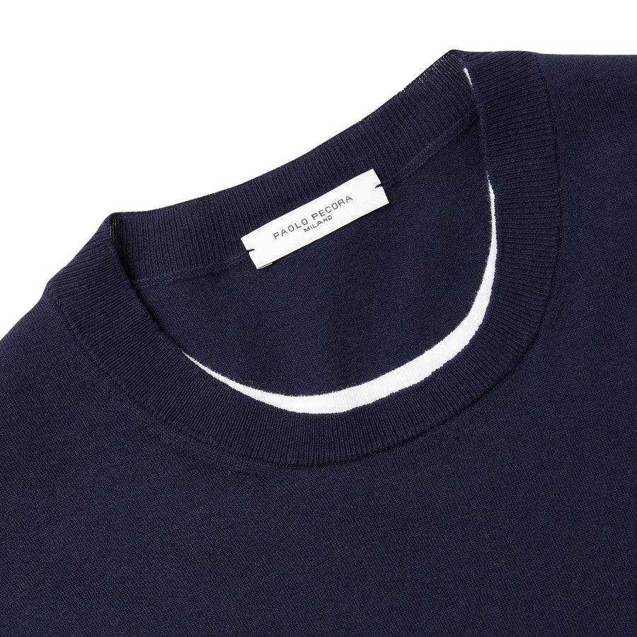 Paolo Pecora Maglia Girocollo in Puro Cotone Extrafine - Blu Navy con Dettagli Bianchi In Linea