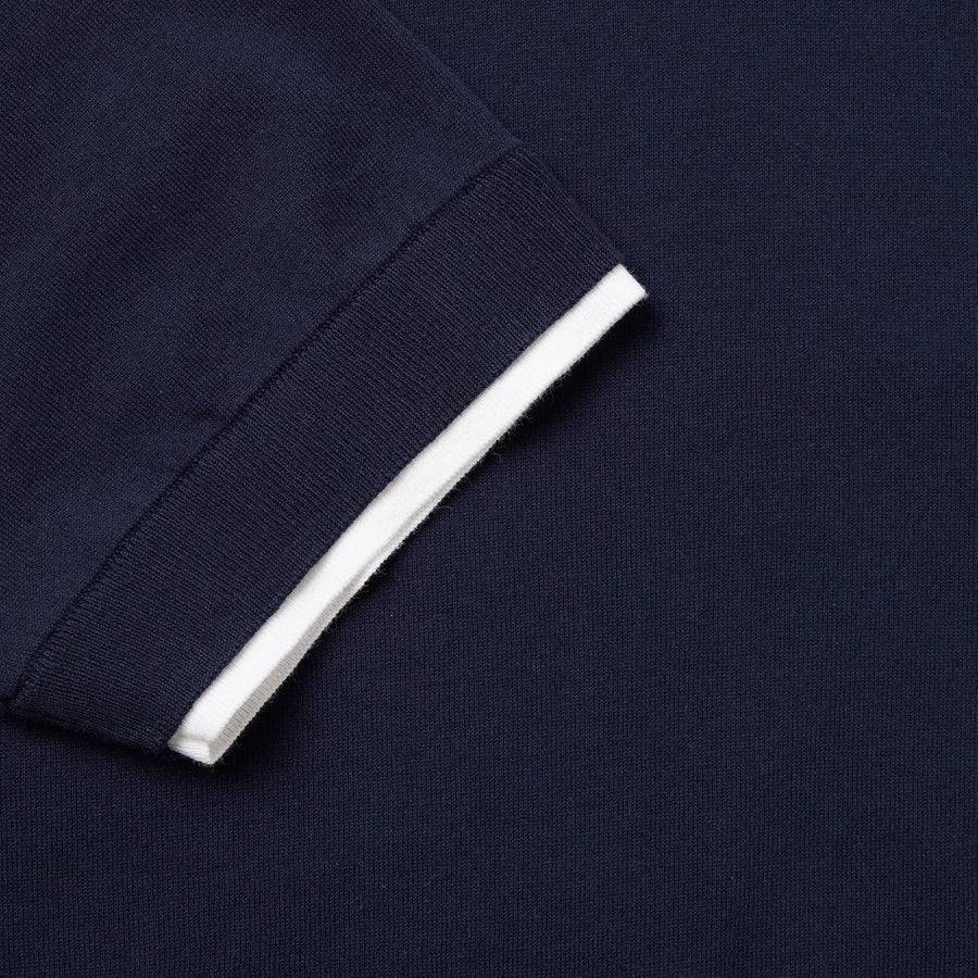 Paolo Pecora Maglia Girocollo in Puro Cotone Extrafine - Blu Navy con Dettagli Bianchi In Linea