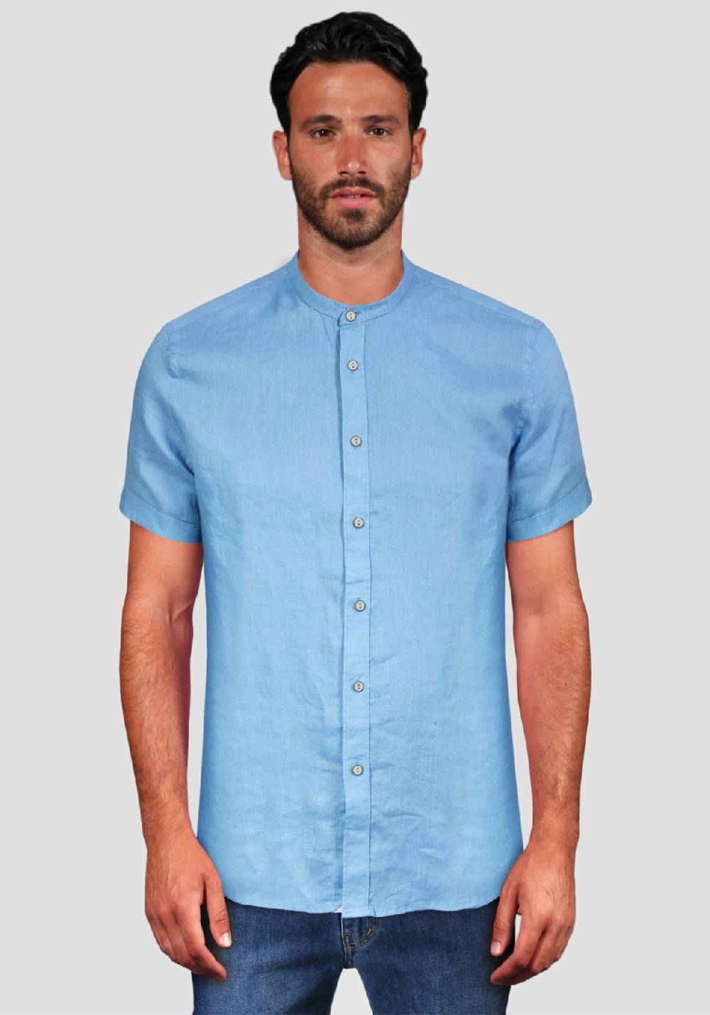 Primo Emporio Camicia di Lino Coreana Mezza Manica - Turchese Qualità