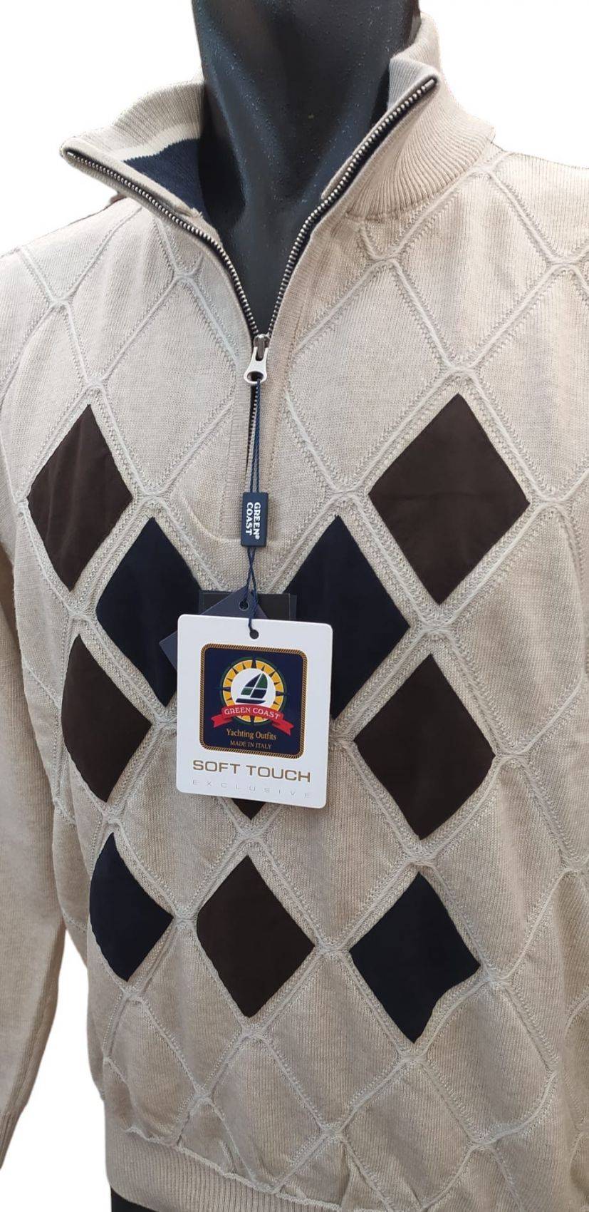 Green Coast Maglia a lupetto con zip a rombi in lana merinos zegna baruffa Fino Al -60%